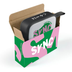 A black and white Jive Speaker packaged in a colourful box with a logo and graphic design elements.