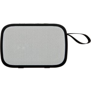 A portable speaker with a sleek design and a mesh front, featuring a convenient strap for easy carrying.