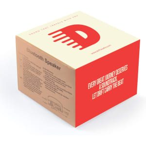 A square box featuring a Bluetooth speaker design in red and beige, with branding and product details.