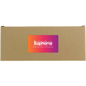 A brown cardboard box with a vibrant orange and purple label featuring a logo.