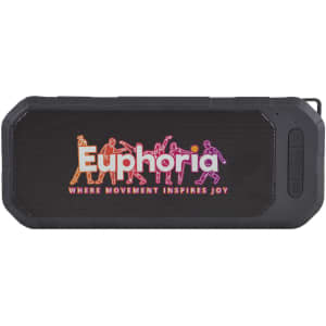 A black water-resistant speaker with a colourful logo and buttons on one side.
