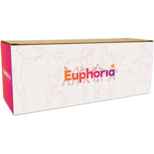 A rectangular box with a light design, featuring the word "Euphoria" in bold letters, with a logo and colourful graphics.