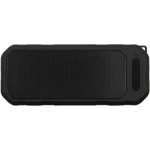 A water-resistant speaker featuring a robust design with a mesh front and control buttons on one side.