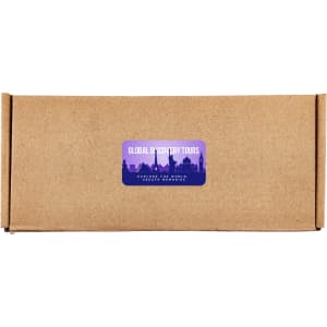 A brown cardboard box featuring a purple and blue logo with a skyline design. The box is closed and unmarked.