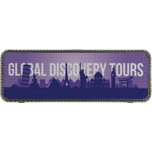 A purple speaker with a skyline graphic and a logo, featuring silhouettes of famous landmarks.