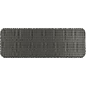 A grey wireless speaker with a textured mesh front and a simple design, featuring a branding logo.