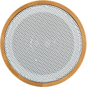 A Bluetooth speaker featuring a bamboo frame and a mesh sound grille design.