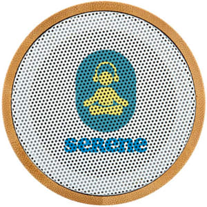 A round Bluetooth speaker featuring a bamboo frame and a patterned front with a logo.