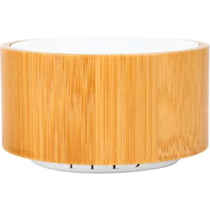 A bamboo Bluetooth speaker featuring a sleek, cylindrical design with a light wood finish.