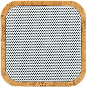 A square Bluetooth speaker featuring a bamboo frame and a perforated metal grill.