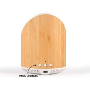 A wireless speaker with a bamboo finish featuring music control buttons and a charging port at the bottom.
