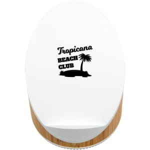 A white oval speaker with a wooden base and a logo featuring a palm tree and the text "Tropicana Beach Club."