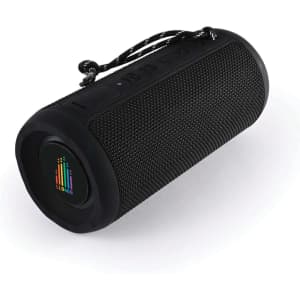 A black cylindrical Bluetooth speaker with a textured surface, featuring a branding logo and a carrying strap.
