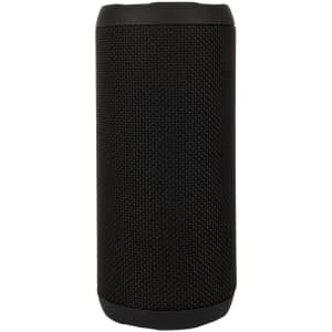 A cylindrical black Bluetooth speaker with a textured surface and rounded edges.