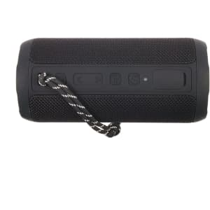 A black Bluetooth speaker with a textured surface and buttons, featuring a looped strap for easy carrying.