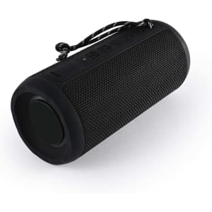 A black cylindrical Bluetooth speaker with a textured surface and control buttons on the side.