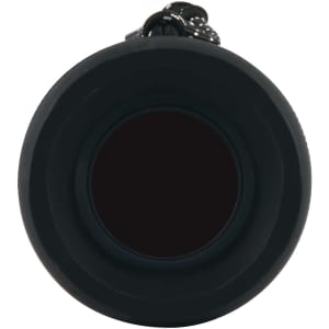 A Bluetooth speaker with a sleek, black design featuring a cylindrical shape and a removable strap for easy carrying.