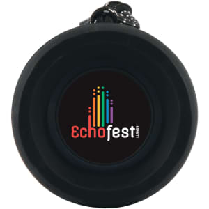 A Neon Bluetooth Speaker featuring a circular design with a black exterior and a colorful logo for "EchoFest."