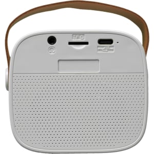 A compact white boombox mini speaker with a brown strap and various ports on the back.