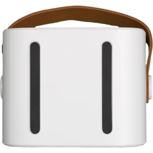 A Boombox Mini Speaker in white with a brown leather handle and two black speaker grills.