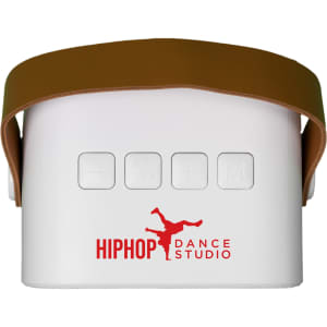 A white mini speaker with a brown strap and buttons on top, featuring a logo on the side.