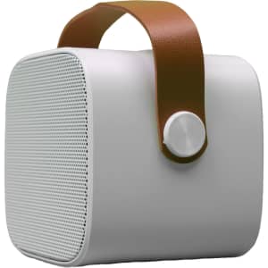 A compact Boombox Mini Speaker in white with a brown leather handle and a silver control knob on the side.
