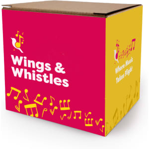 A pink and yellow boxed product with a musical theme, featuring notes and a bird graphic, and includes a logo.