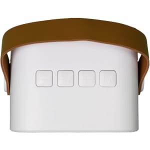 A white mini speaker with a brown strap and control buttons on the front, featuring a logo on the side.