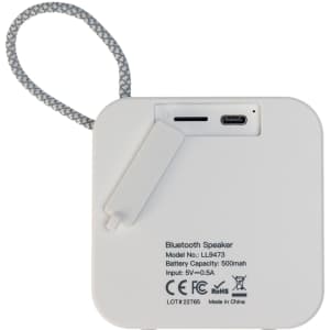 A white Bluetooth speaker featuring a looped strap, USB-C port, and branding on the back.