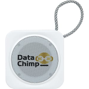 A compact white Bluetooth speaker with a textured strap and a branding logo on the front.