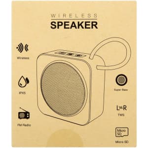 A wireless mini speaker in white, featuring a carry handle and various control buttons, with an IPX5 rating and a microphone.
