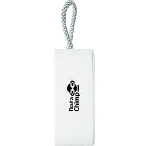 A compact white mini speaker with a grey strap and a logo on the side.