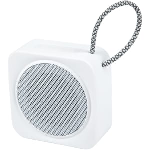 A compact white speaker with a textured black and white handle, featuring a circular grille for sound output.