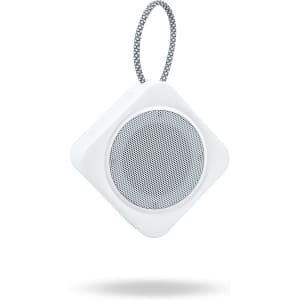A white diamond-shaped mini speaker with a mesh grille and a looped strap for hanging.