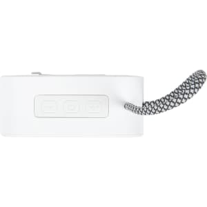 A white mini speaker with three buttons and a textured strap for easy carrying. It features a logo.