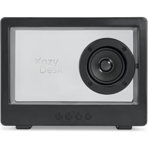 A black speaker with a transparent front and a visible speaker driver, featuring control buttons below.