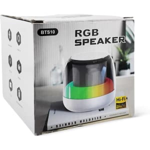 A box for a Dazzle RGB Speaker featuring a sleek design with multicoloured LED lighting and a logo.