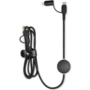 A cable with a round connector, featuring a braided design and a leather wrap for organisation.