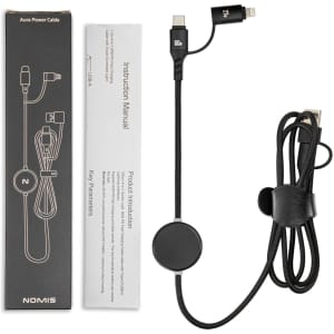 A power cable in black with an instruction manual and packaging, featuring a circular cable holder.
