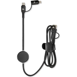 A black charging cable with a round connector and a clip for organisation. It has a sleek, modern design.