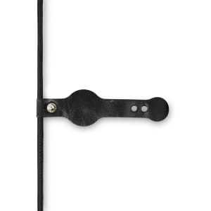A black charging cable with a leather strap for organisation, featuring a logo on the strap.