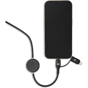 A black charging cable with a round connector, attached to a smartphone, surrounded by a sleek design.