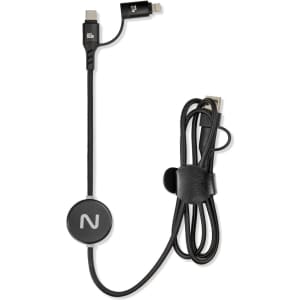 A charging cable in black with a round logo and connectors for different devices, featuring a tied-up design.