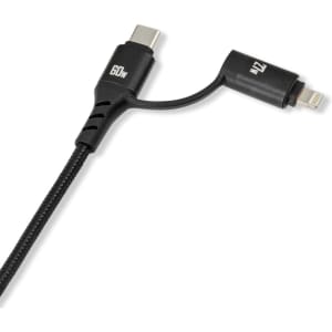 A black charging cable with USB-C and Lightning connectors, featuring a braided design for durability.