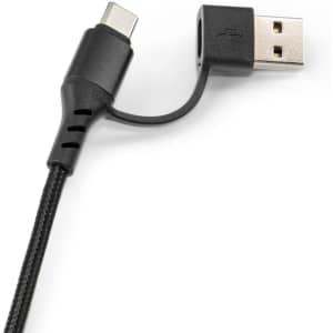 A black USB cable featuring a USB-A connector and a USB-C connector, designed for charging and data transfer.