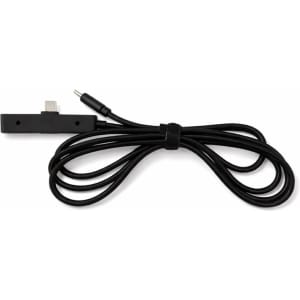 A black charging cable featuring a USB connector and a rounded end, neatly coiled for easy storage.