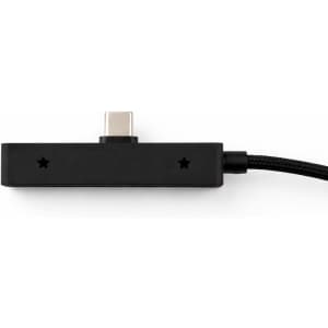 A black charging cable with a USB-C connector and a textured surface, featuring an understated design.