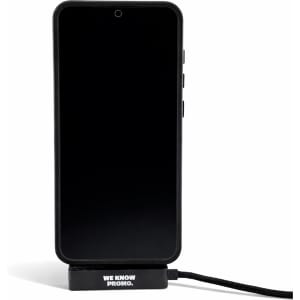 A black promotional phone stand featuring a charging cable, designed for mobile devices.