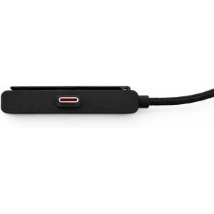 A power cable in black with a textured finish and a red accent, featuring a woven cord. It has a logo on one side.