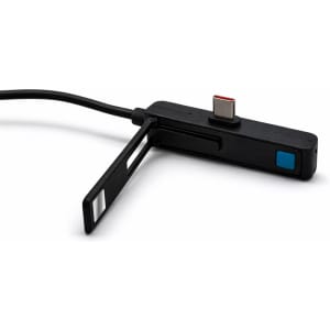 A black charging cable with a connector and a folding flap, featuring a blue button and a logo.